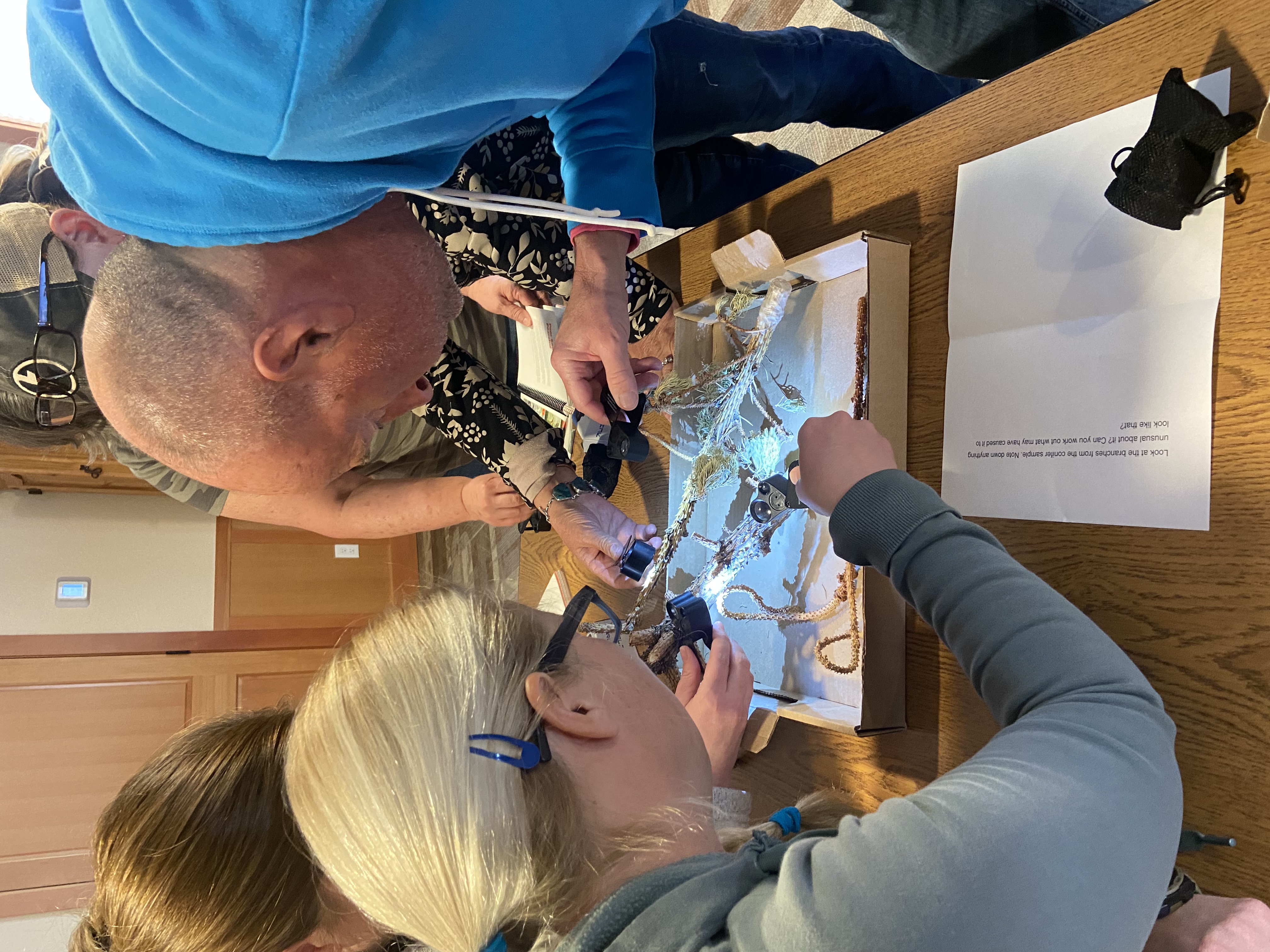 Master Gardener participants using hand lenses to observe pest damage.